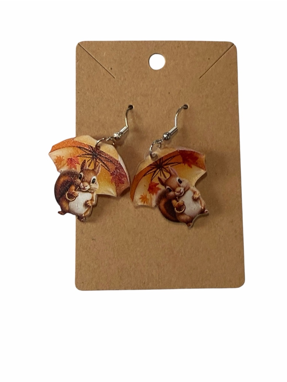 Autumn Squirrel Umbrella Dangle Earrings - Brown/Orange